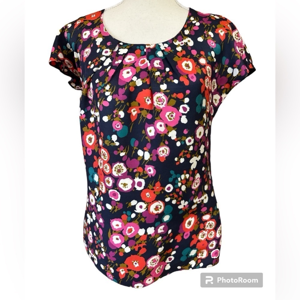 Boden Floral Pleated Scoop Neck Cap Sleeve Viscose/Silk Top Size 2